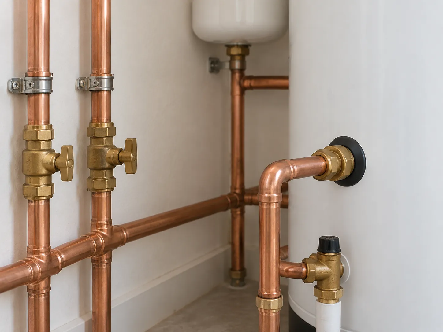 Copper water pipes with shut-off valves running along a wall.