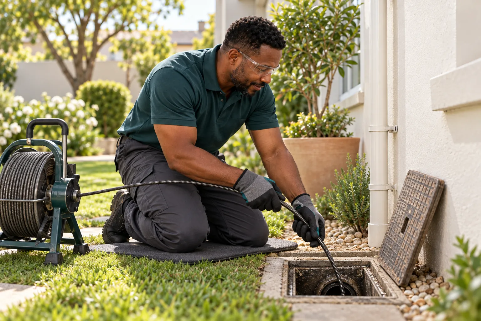 A plumber feeds a drain cable into an open outdoor drain.