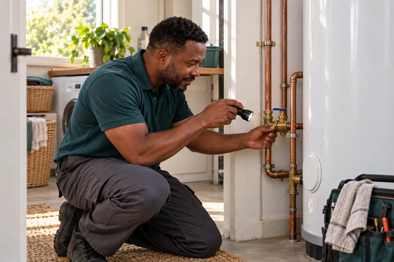 A plumber checks the copper pipework and valves beside a geyser.
