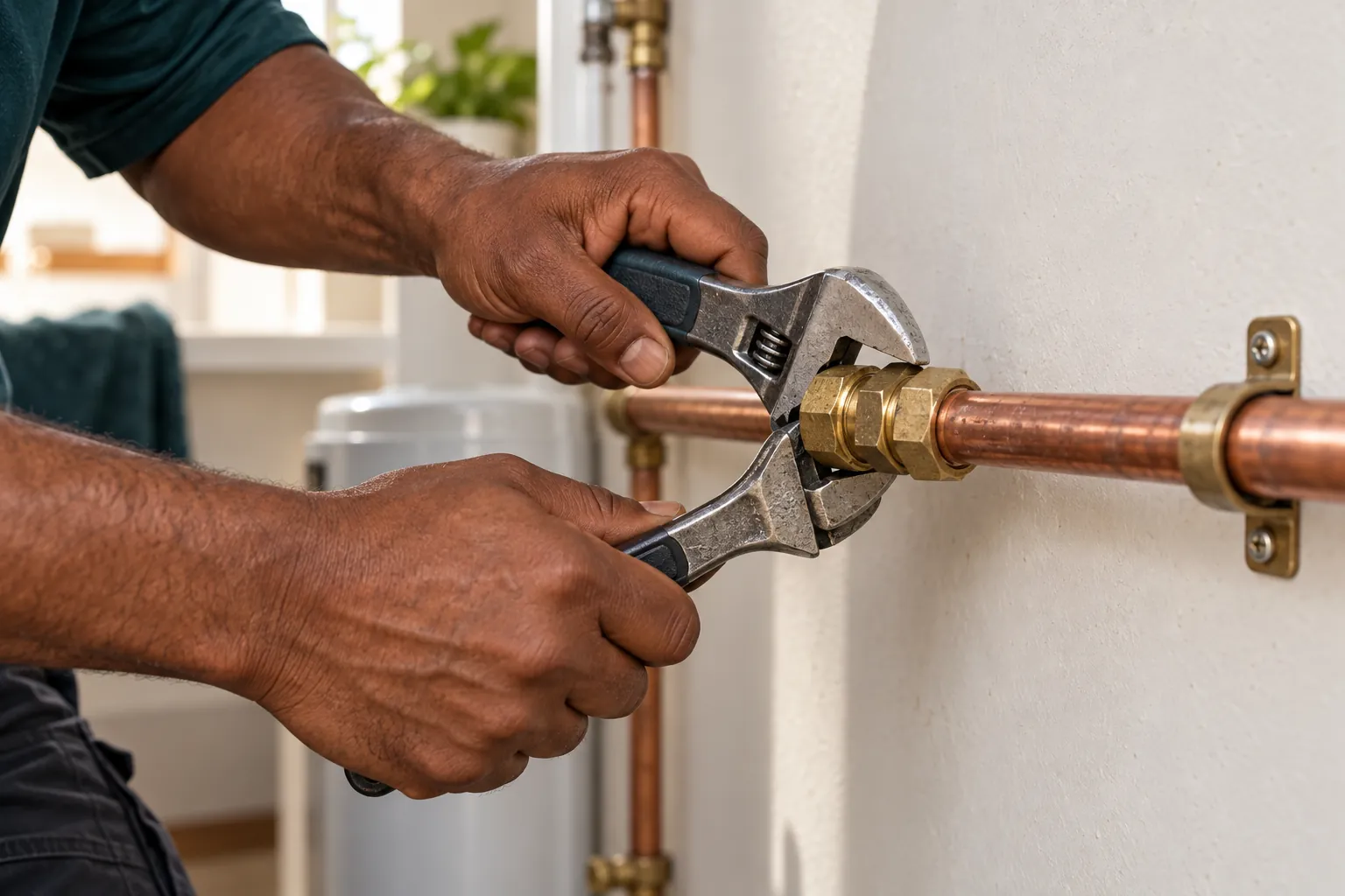 A plumber tightens a brass fitting on a copper pipe with a spanner.