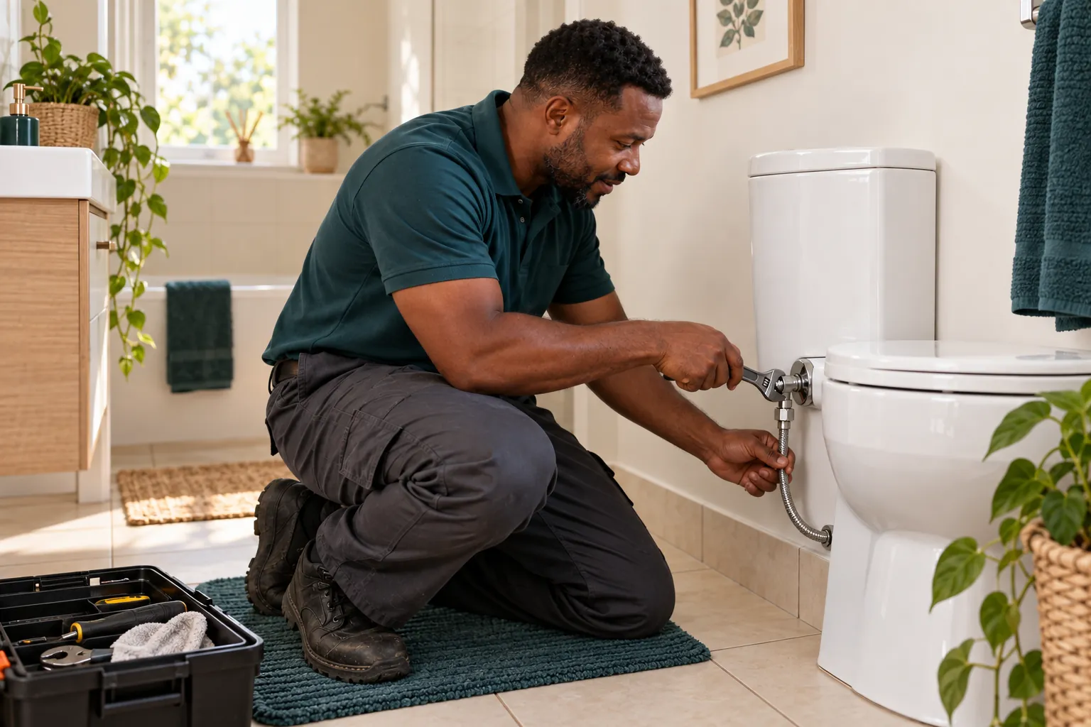 A plumber works on the water connection behind a toilet.